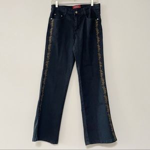 Cos Jeans Y2K dark wash flared high waist jeans with gold side embroidery